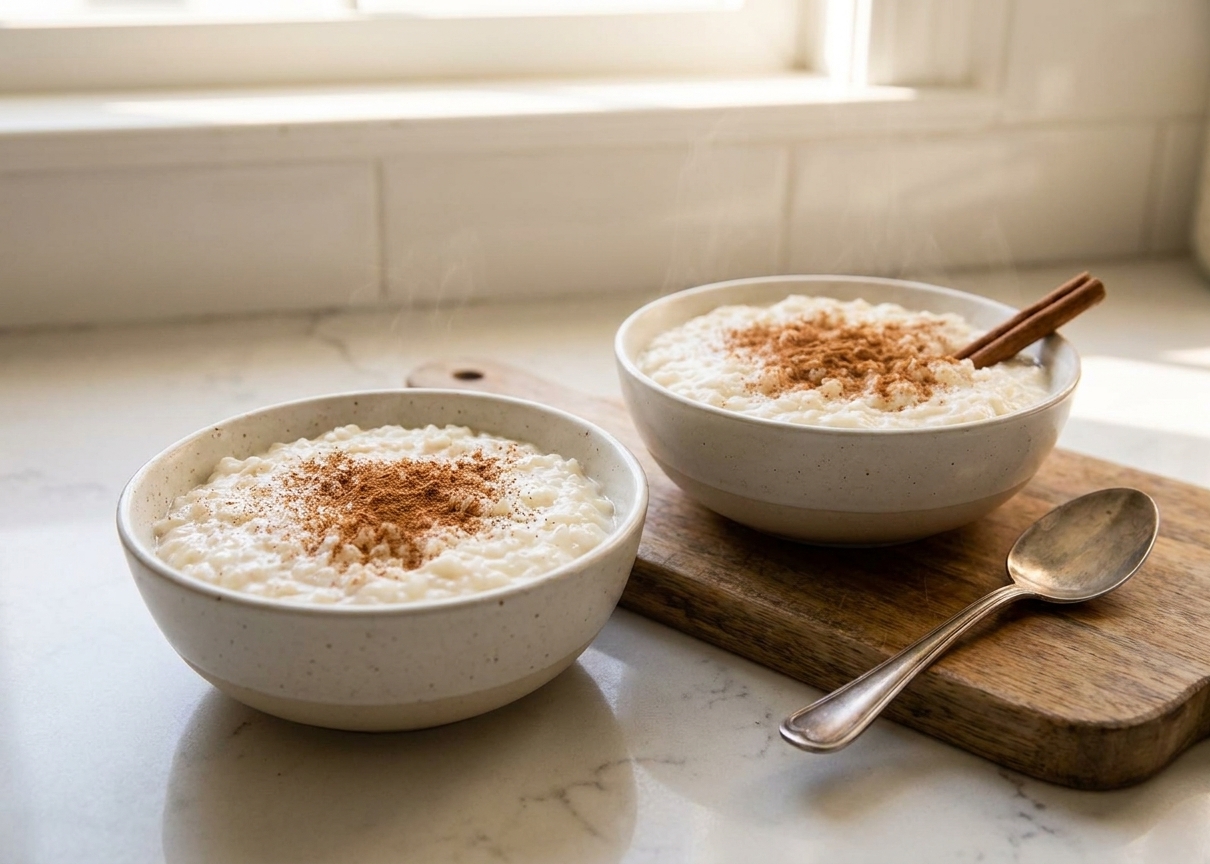 Two small bowls of creamy rice pudding served at a kitchen table with cinnamon sprinkled on top and a spoon nearby