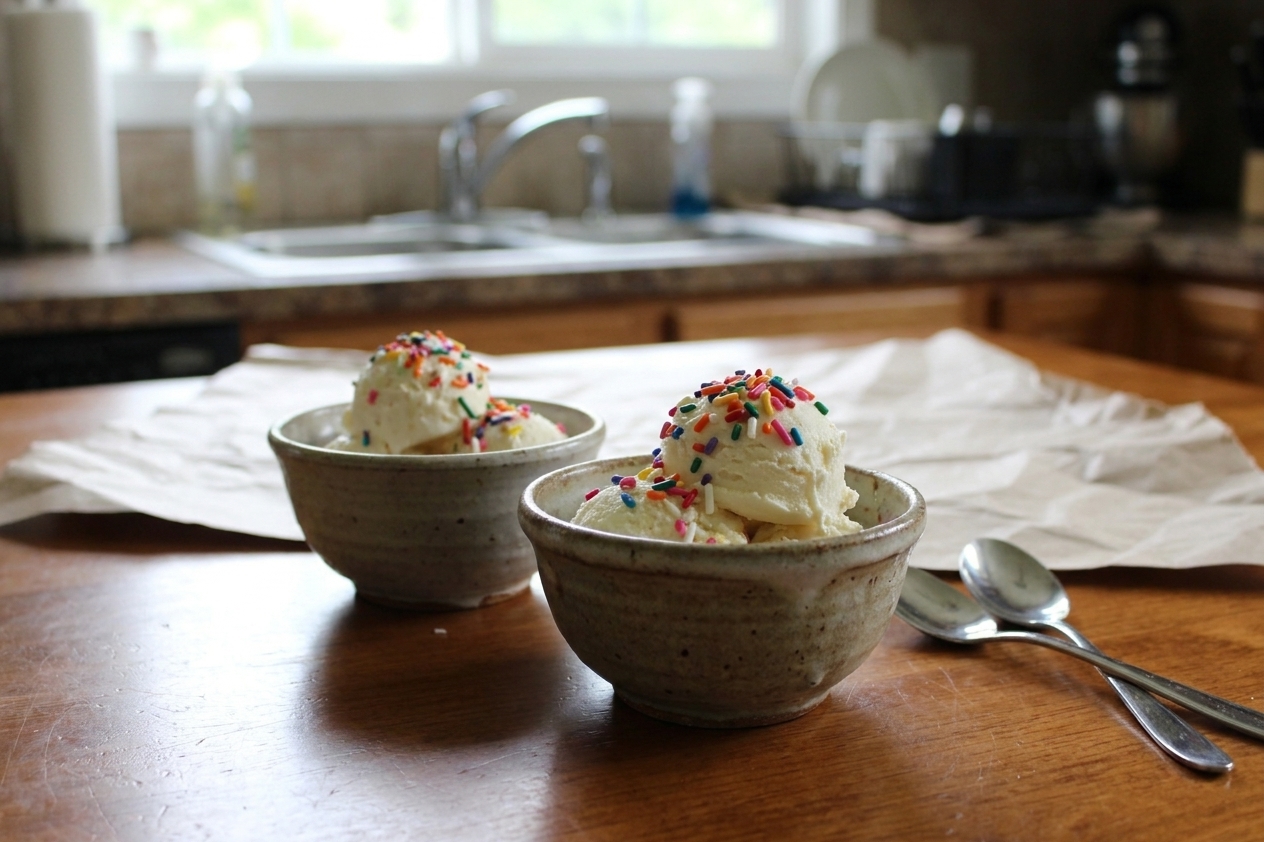 Two small bowls of homemade vanilla ice cream with sprinkles on a simple kitchen table setting