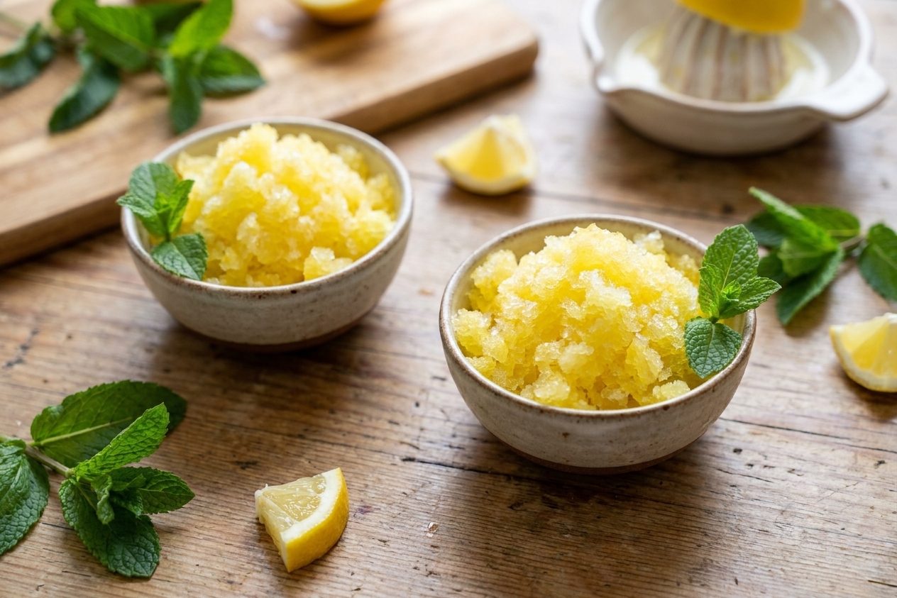 Two small bowls of lemon granita on a wooden table with mint leaves and lemon wedges nearby