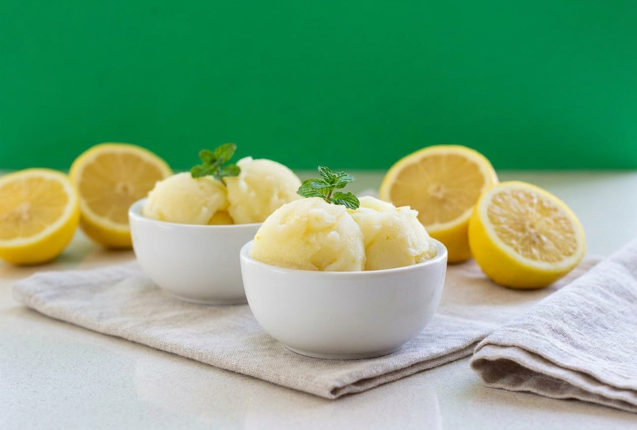 Two small bowls of lemon sorbet on a simple table setting with linen napkins and halved lemons nearby
