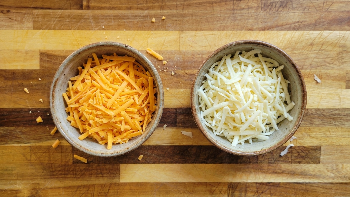 Two small bowls of shredded cheddar and shredded mozzarella sitting side by side on a kitchen counter
