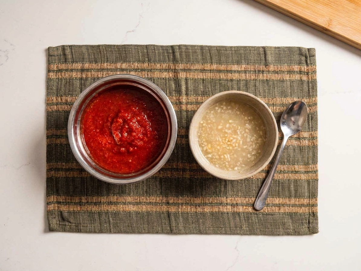 Two small bowls on a kitchen counter, one filled with red spiced tomato sauce and the other with a pale garlic vinegar sauce, with a spoon resting beside them