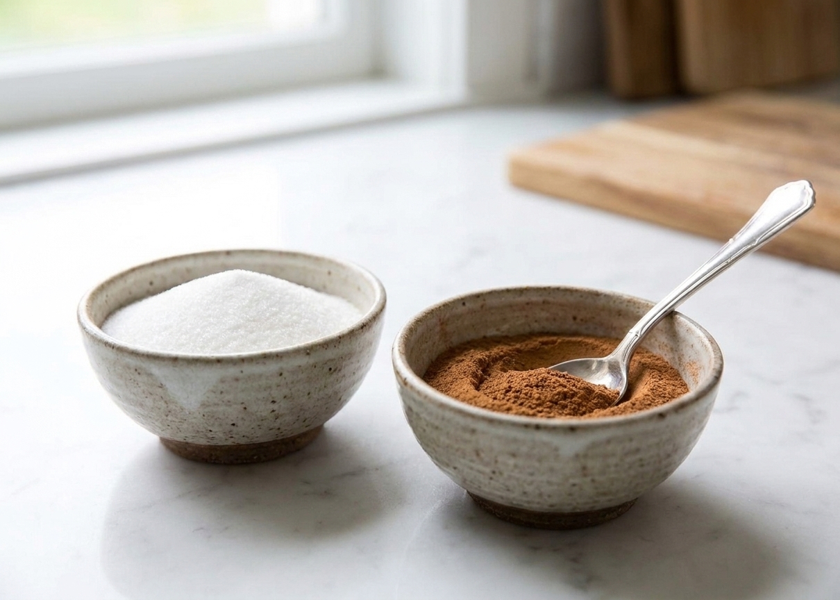 Two small bowls on a kitchen counter, one filled with granulated sugar and the other with ground cinnamon, ready to be mixed