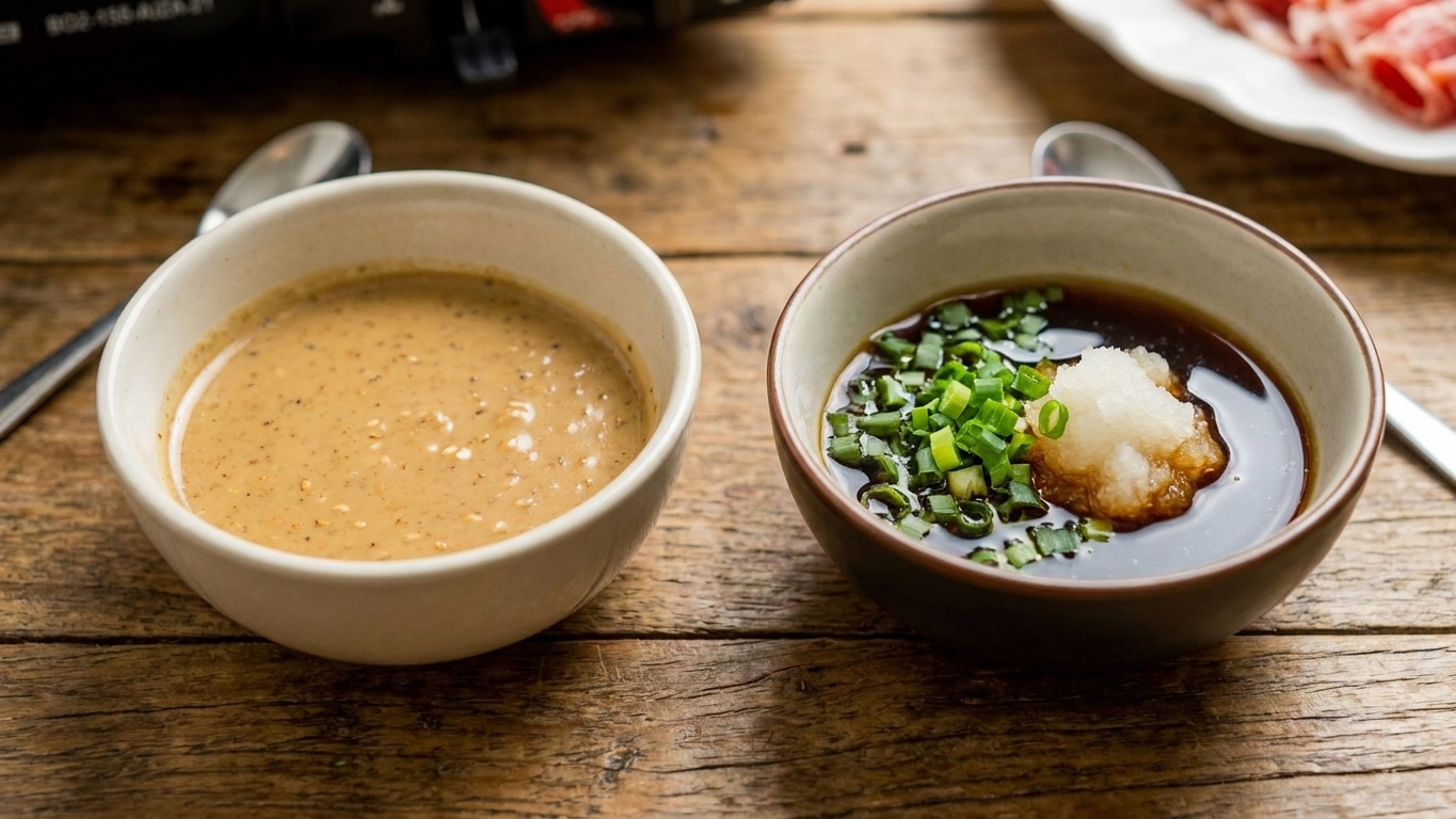 Two small bowls on a wooden table, one filled with creamy sesame sauce and the other with ponzu sauce topped with scallions and grated daikon