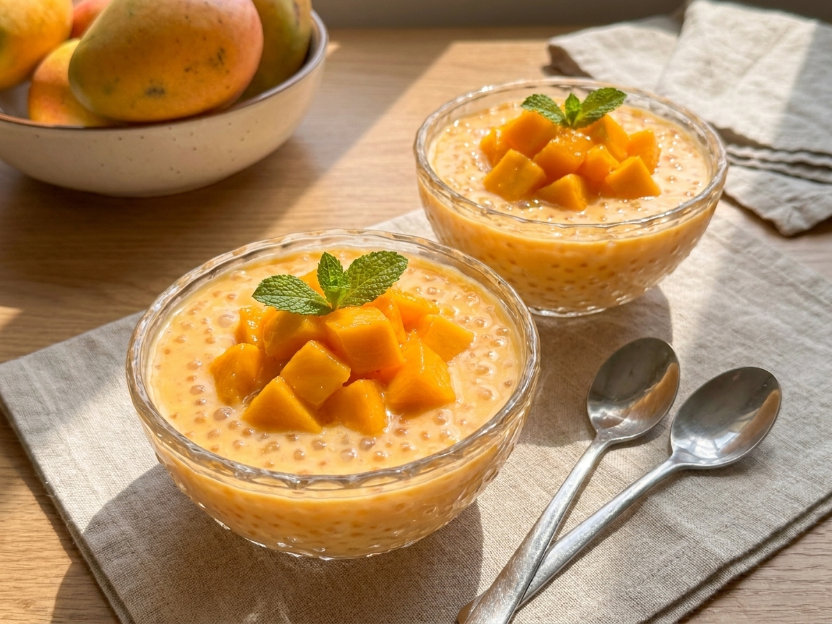 Two small dessert glasses filled with mango sago and topped with diced mango on a simple table setting with spoons, bright natural light