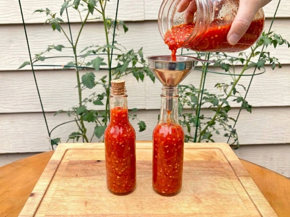 Two small glass bottles filled with bright red fermented hot sauce on a wooden counter with a funnel nearby