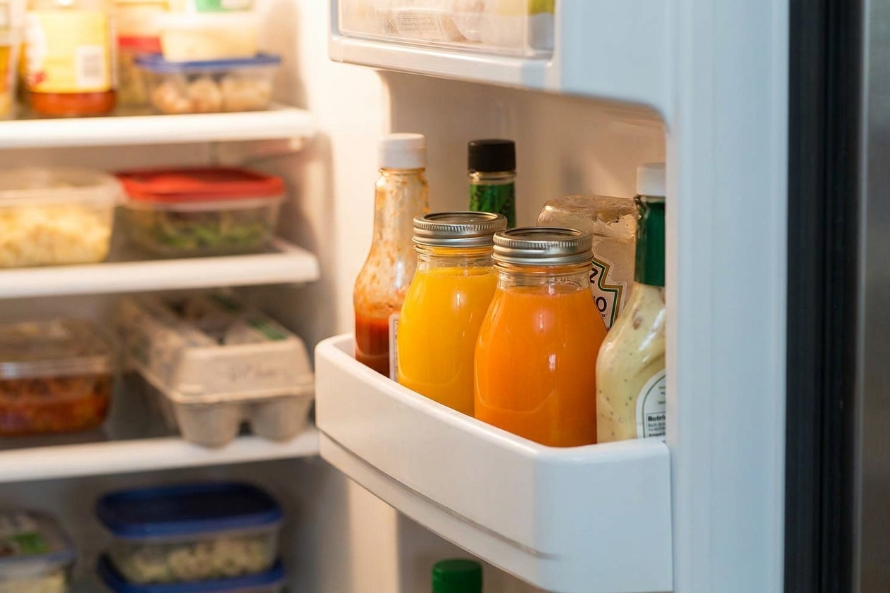 Two small glass bottles of fresh juice with tight lids sitting in the refrigerator door shelf