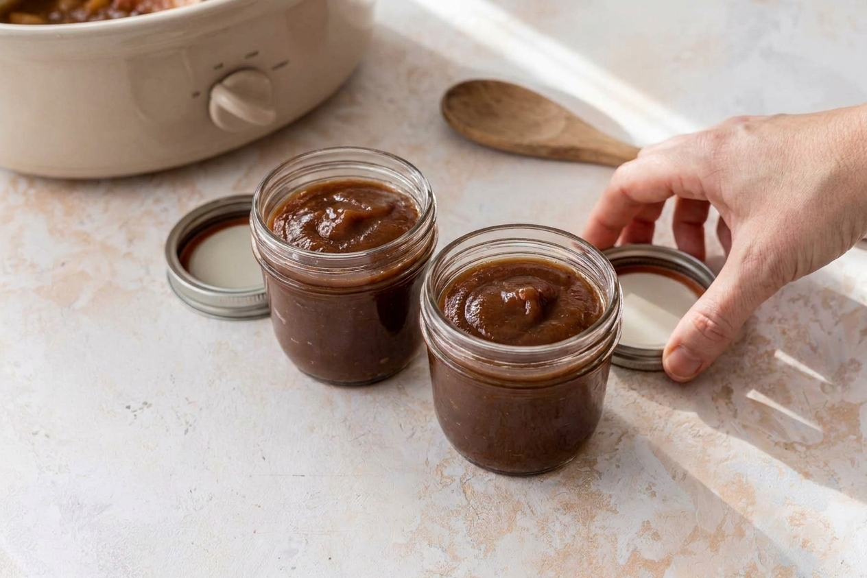 Two small glass jars filled with apple butter cooling on a kitchen counter with lids nearby