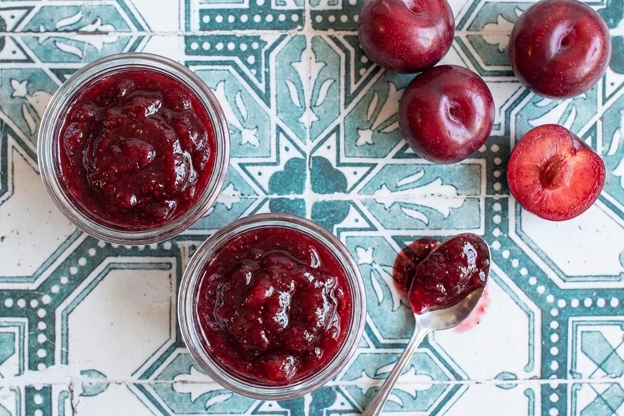 Two small glass jars filled with deep ruby plum jam on a bright kitchen counter, with a spoonful of jam beside them and a few fresh plums nearby