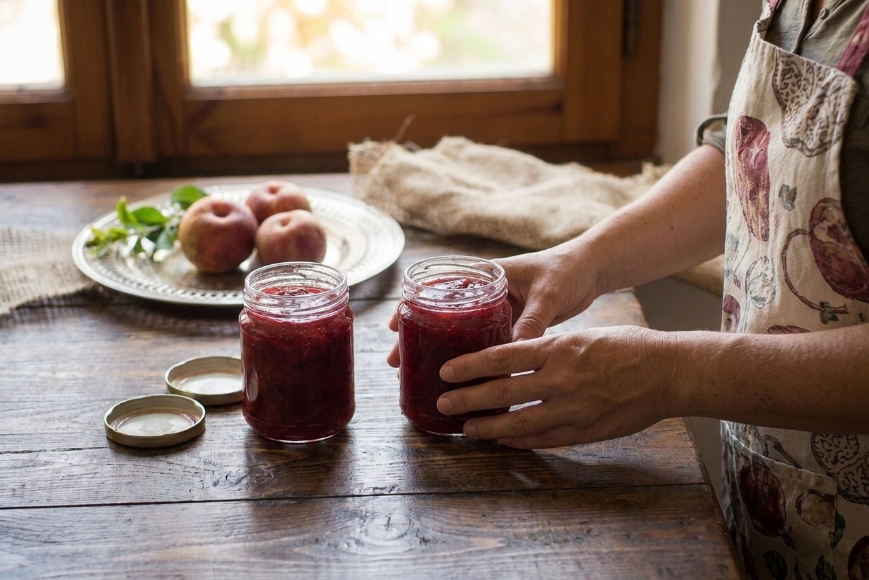 Two small glass jars filled with plum jam cooling on a kitchen counter, lids resting nearby, warm evening light