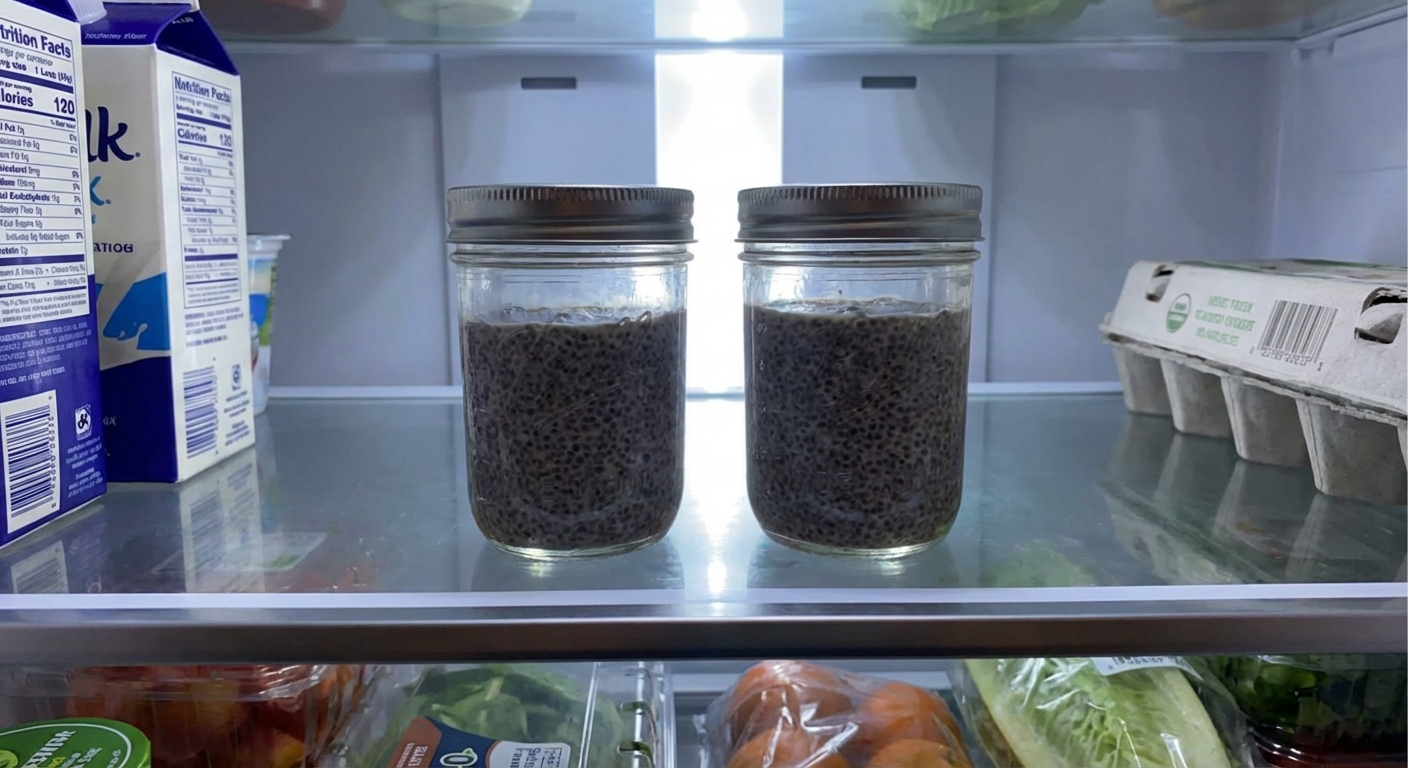 Two small glass jars of chia seed pudding with lids on, resting on a refrigerator shelf