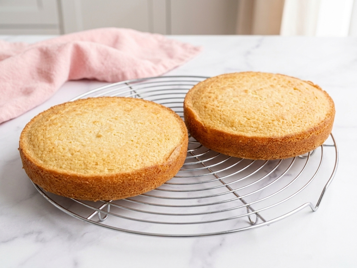 Two small golden vanilla cake layers cooling on a wire rack