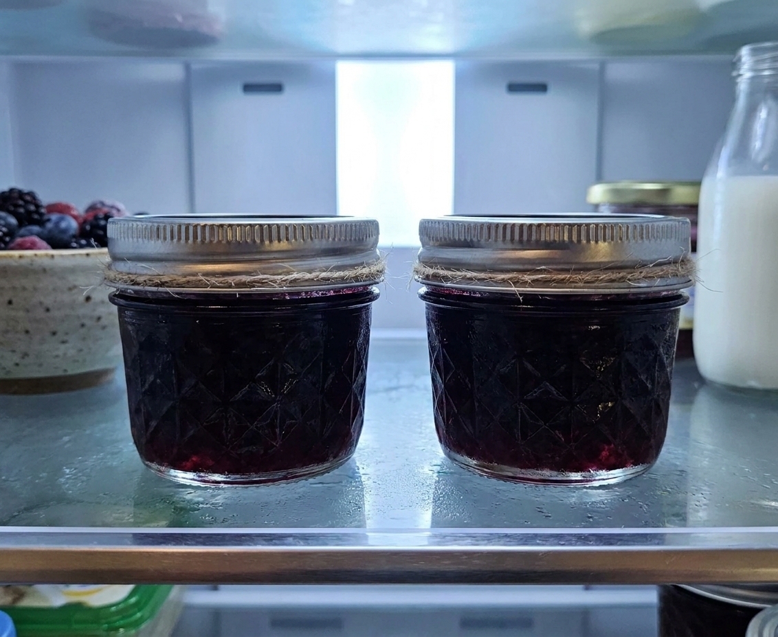Two small jars of blackberry jam with lids on, resting on a refrigerator shelf