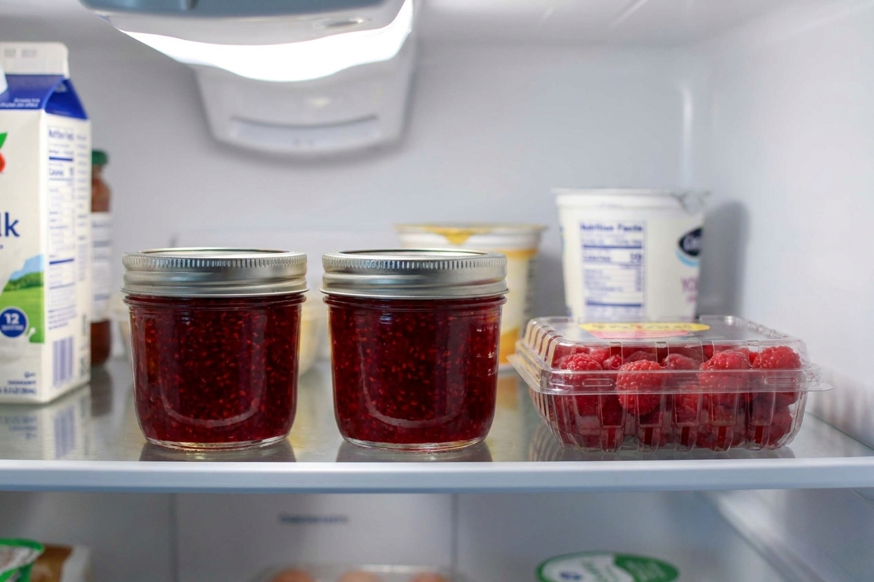 Two small jars of raspberry jam with lids on sitting on a refrigerator shelf next to a carton of berries