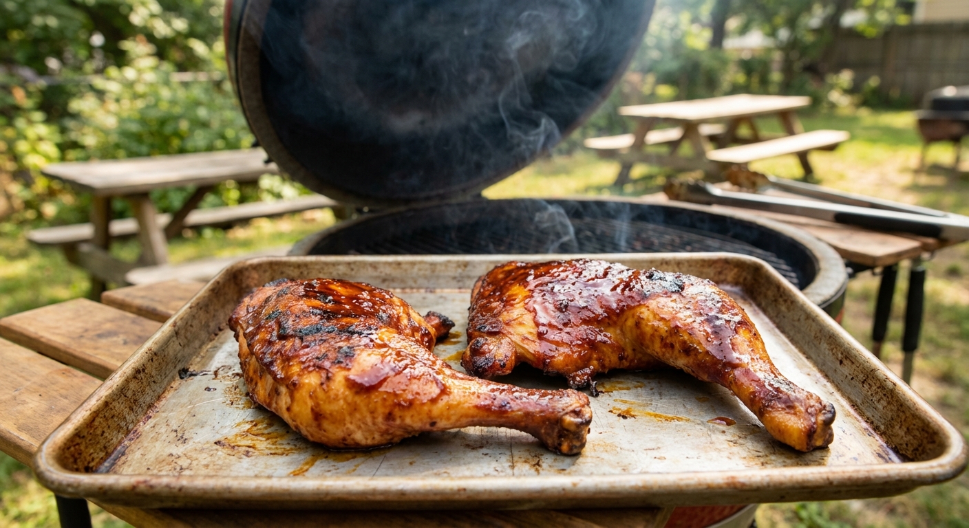 Two smoked chicken leg quarters resting on a sheet tray with a light sheen of sauce, wisps of smoke in the background, outdoor barbecue setting, photorealistic food photography