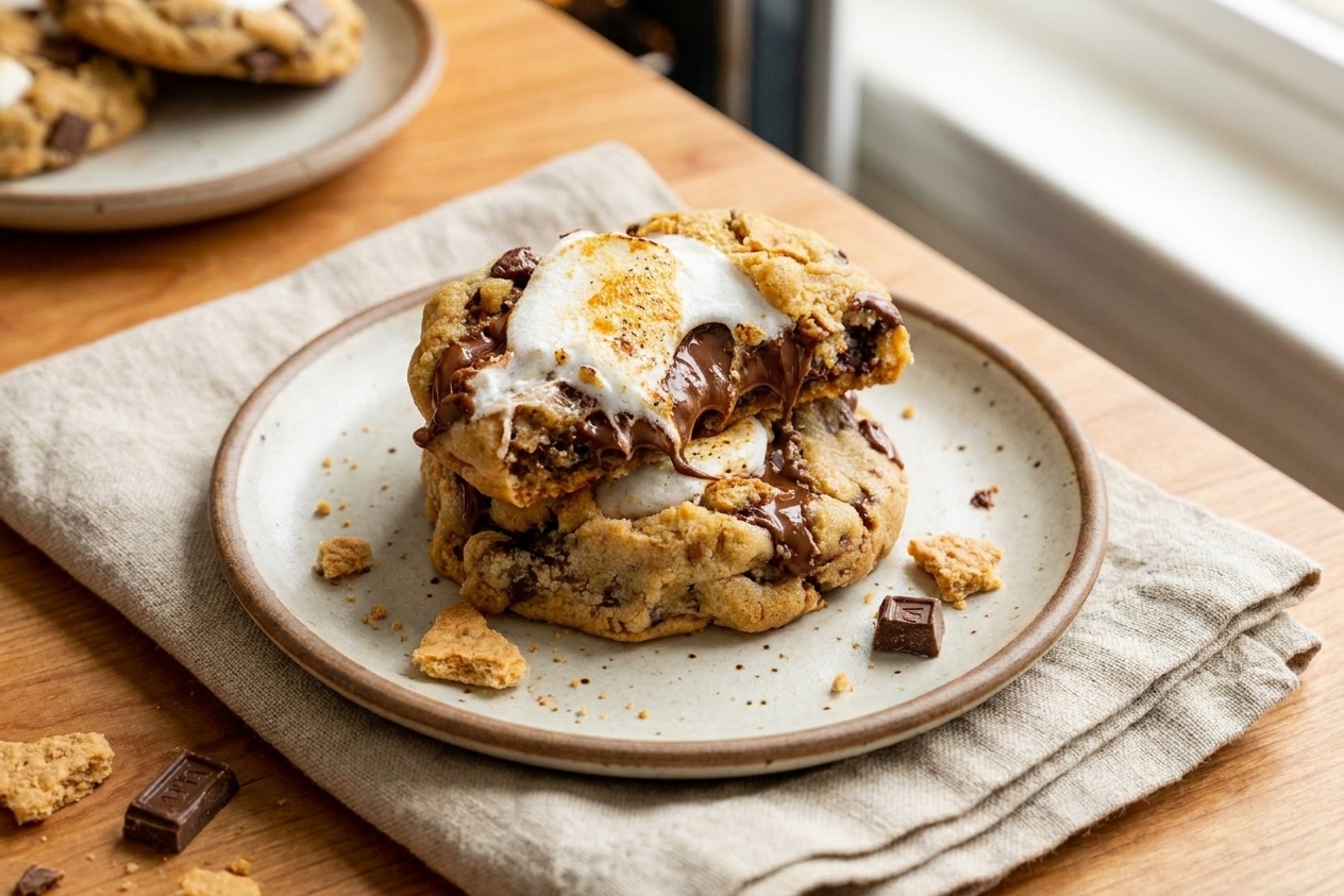 Two s’mores cookies stacked on a small plate with a linen napkin on a wooden table, showing gooey marshmallow and melted chocolate inside