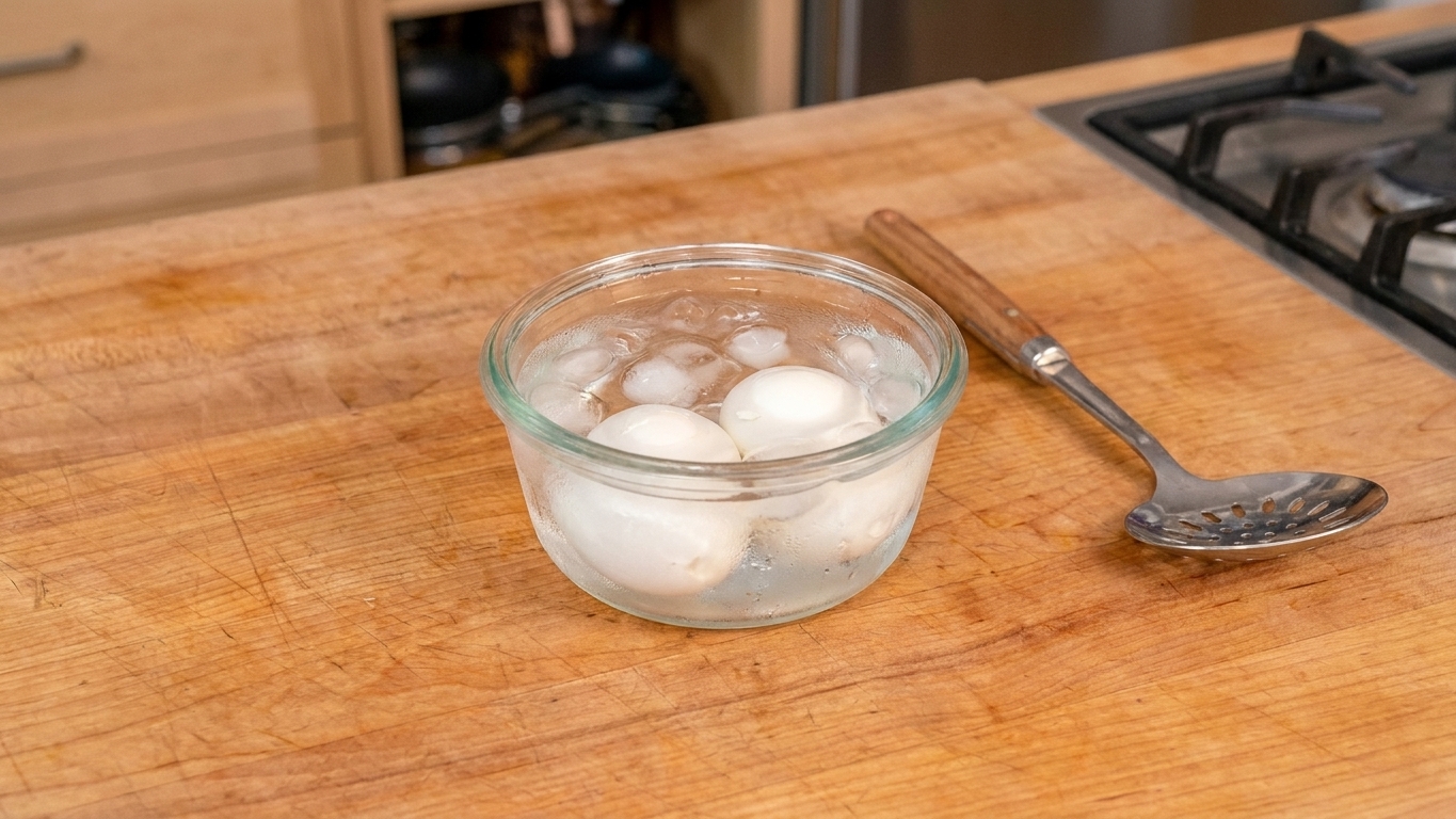 Two soft-boiled eggs cooling in a small bowl of ice water on a kitchen counter next to a slotted spoon