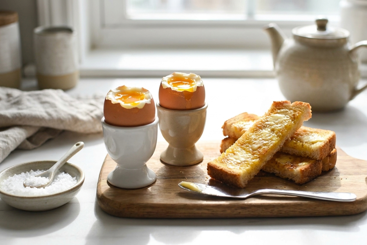 Two soft-boiled eggs in egg cups with jammy yolks, served with buttered toast soldiers on a bright kitchen table
