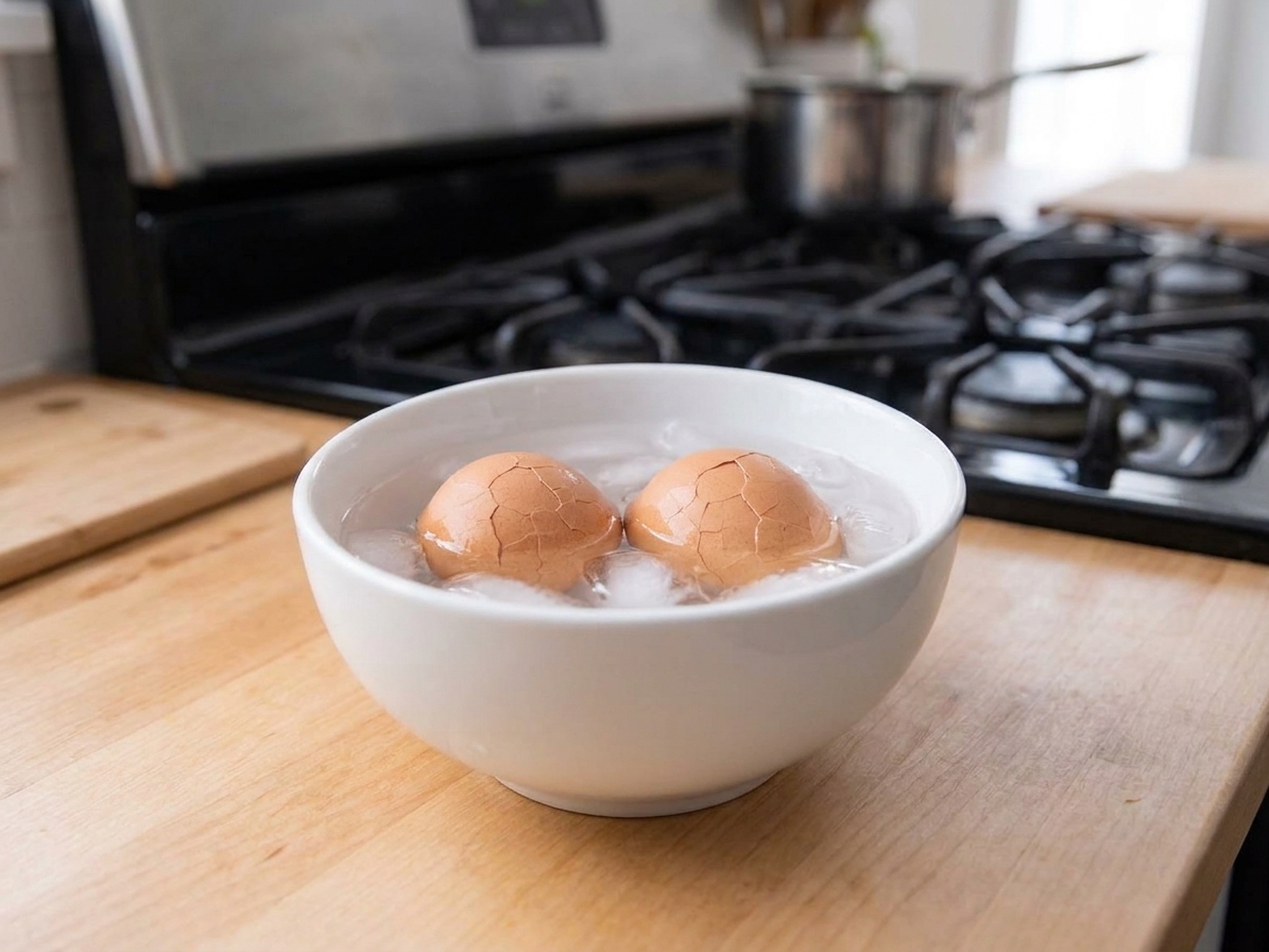 Two soft-boiled eggs sitting in a bowl of cold water on a kitchen counter, shells slightly cracked