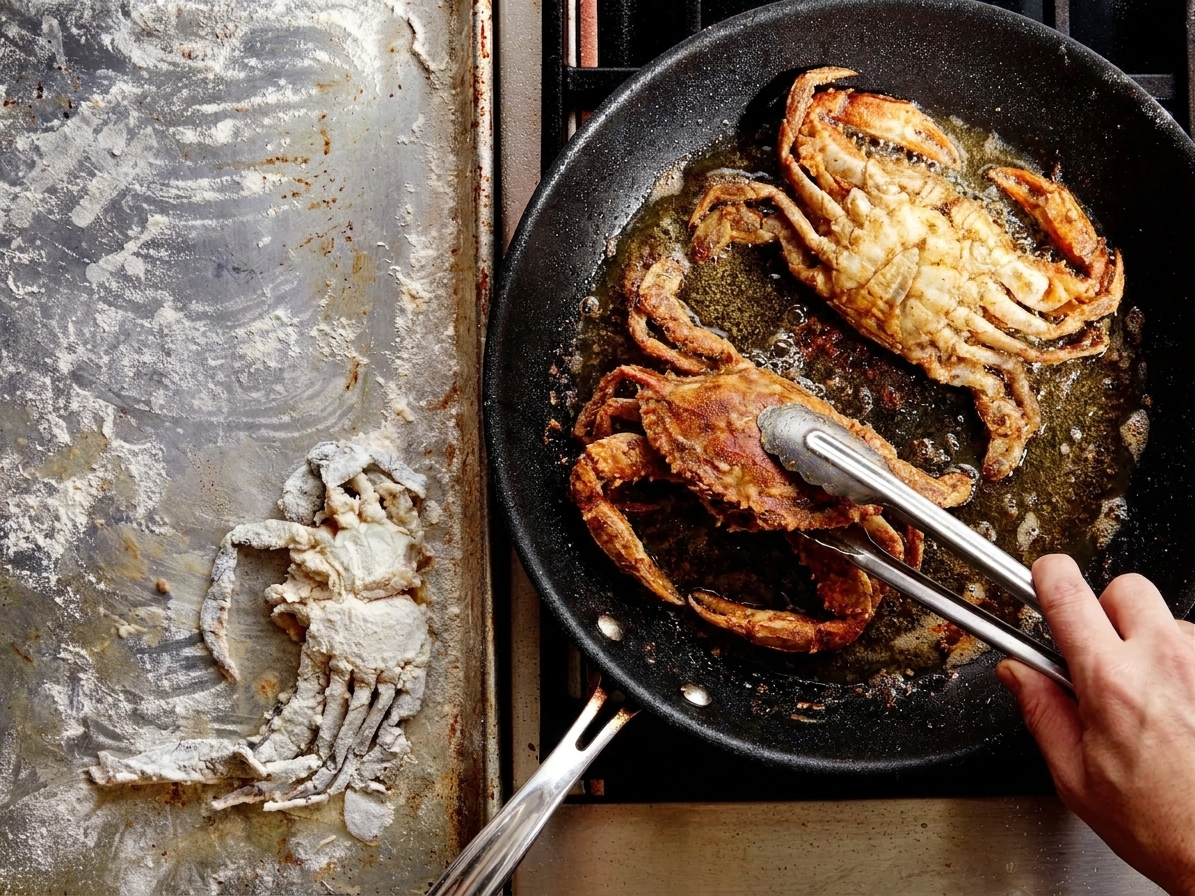 Two soft shell crabs frying in a skillet as a hand with tongs flips one crab, oil bubbling around the edges