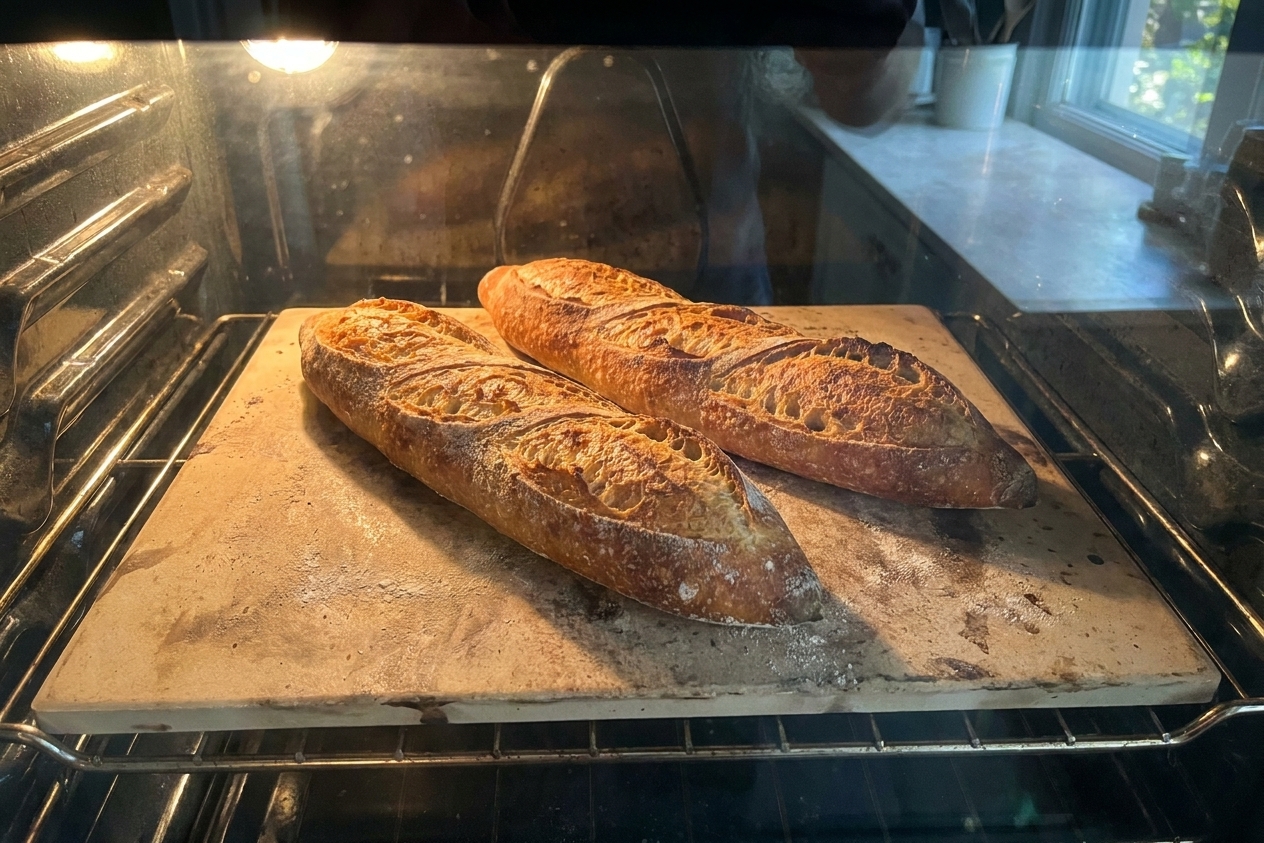 Two sourdough baguettes baking on a hot stone in a home oven with a dark golden crust forming