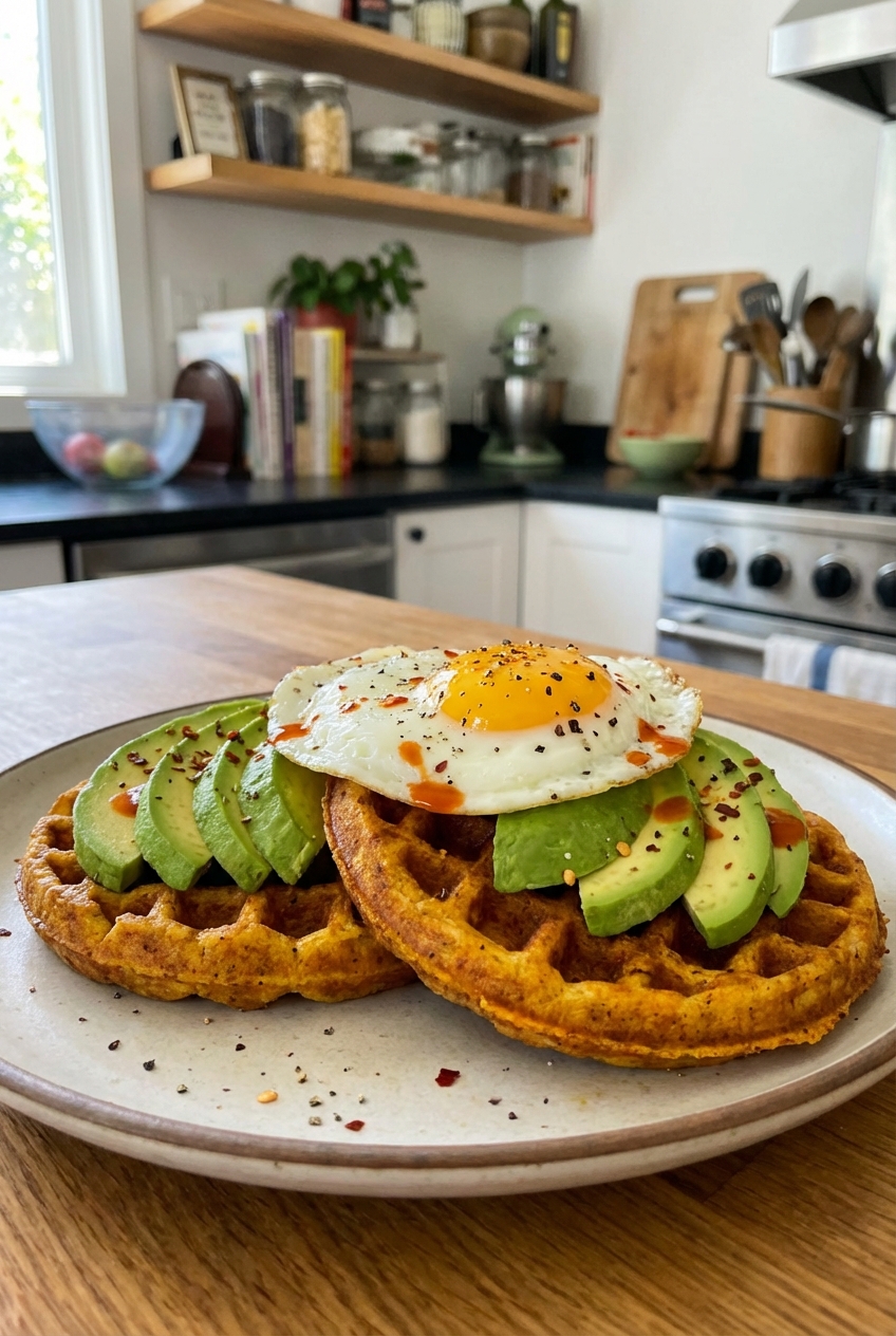Two spiced chaffles on a plate topped with sliced avocado and a fried egg