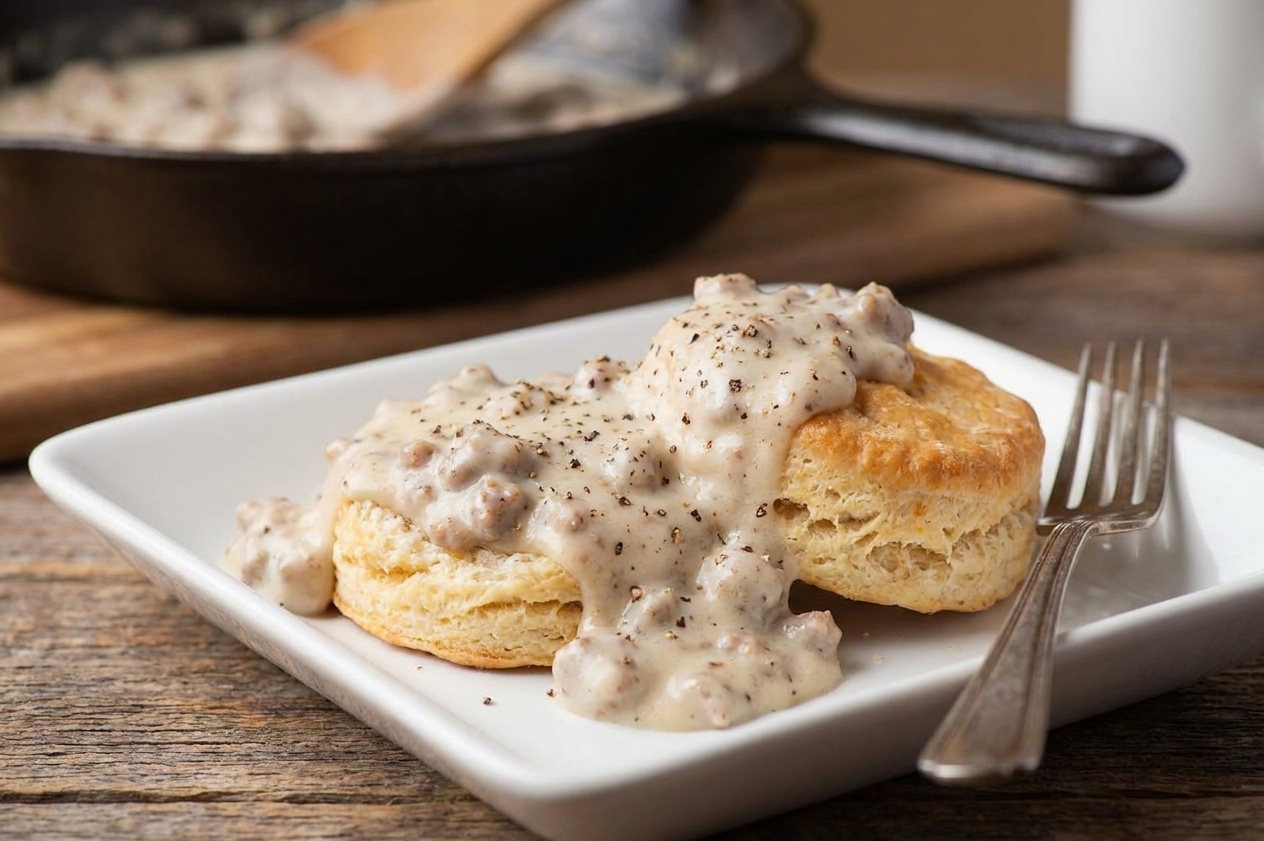 Two split biscuits on a plate covered in creamy sausage gravy with black pepper, set on a cozy breakfast table with a fork