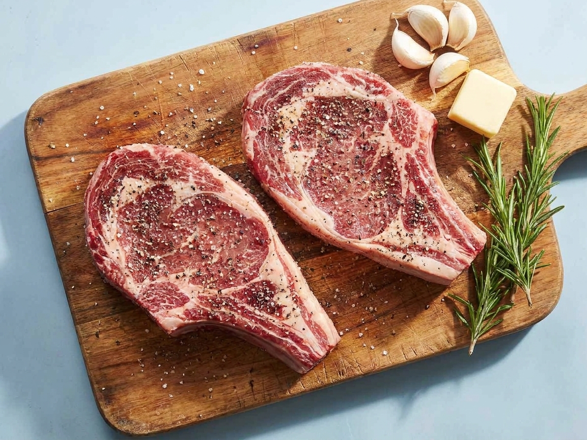 Two steak loin steaks patted dry and generously seasoned with salt and pepper on a wooden cutting board beside garlic, butter, and rosemary
