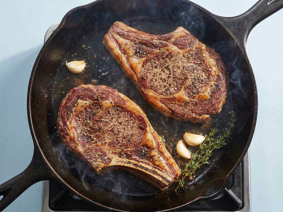 Two steak loin steaks searing in a hot cast iron skillet with browned edges forming on the bottom
