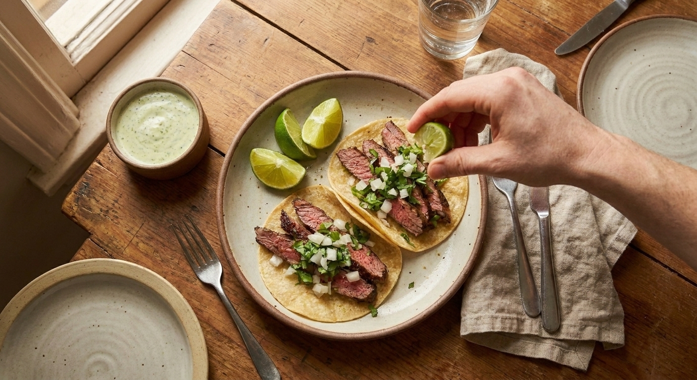 Two steak tacos on a plate with lime wedges and a small bowl of creamy sauce on a simple family dinner table setting