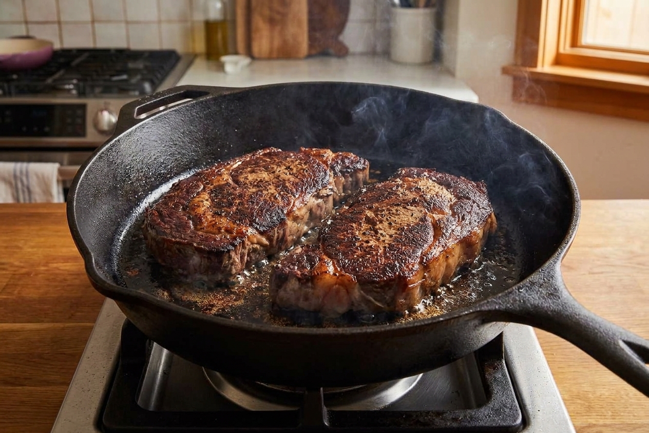 Two steaks searing in a cast iron skillet with a browned crust forming on the surface