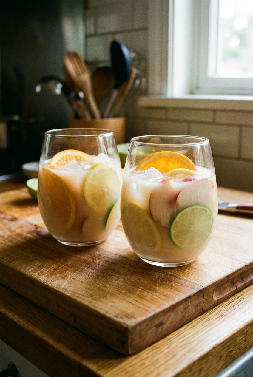 Two stemless glasses of creamy white sangria with fruit and ice sitting on a wooden cutting board