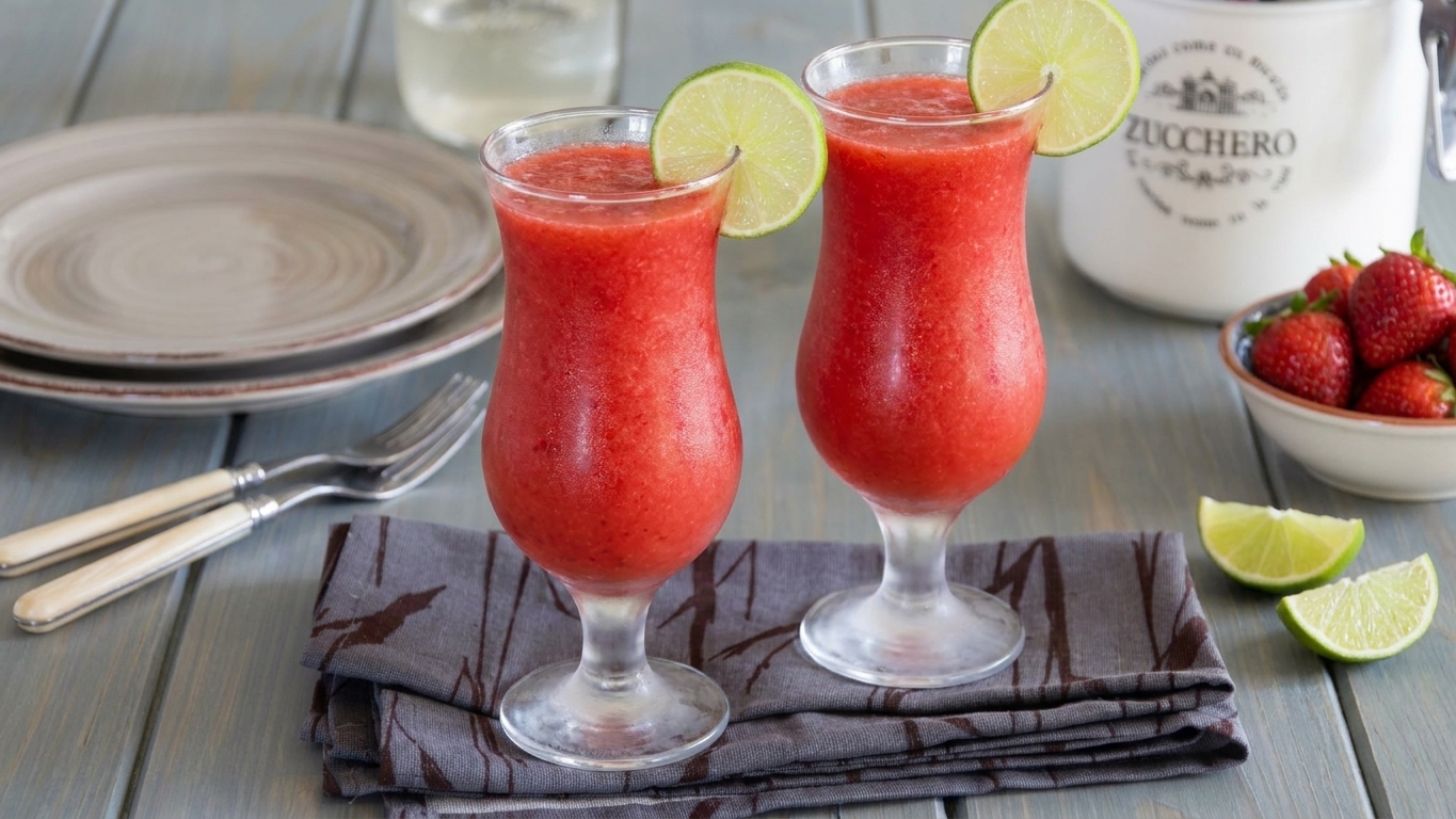 Two strawberry daiquiris poured into chilled glasses with lime wheels on the rims on a set dining table