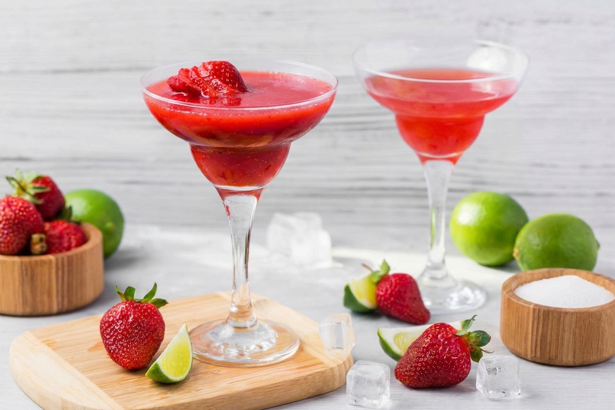 Two strawberry daiquiris served in chilled glasses on a simple table setting with lime wheels and fresh strawberries nearby