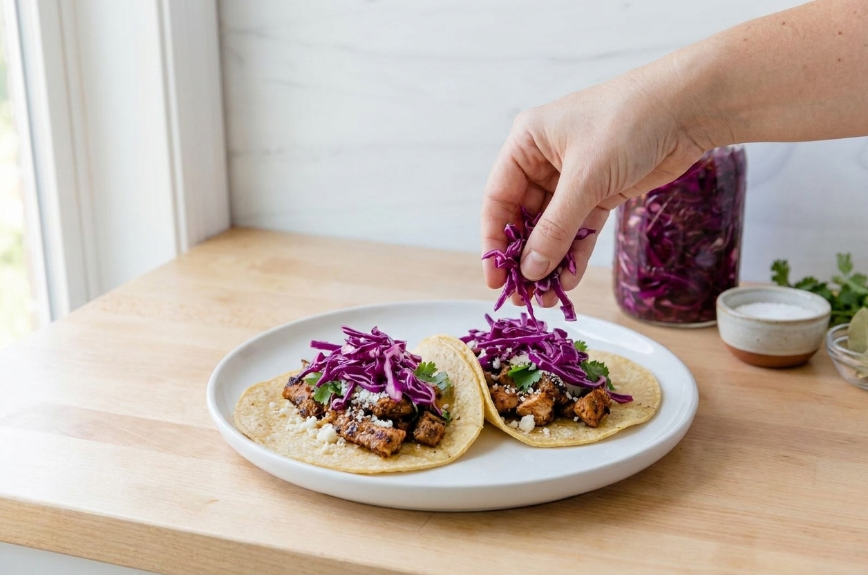 Two street-style tacos topped with a generous mound of bright pickled red cabbage on a simple plate at a kitchen table
