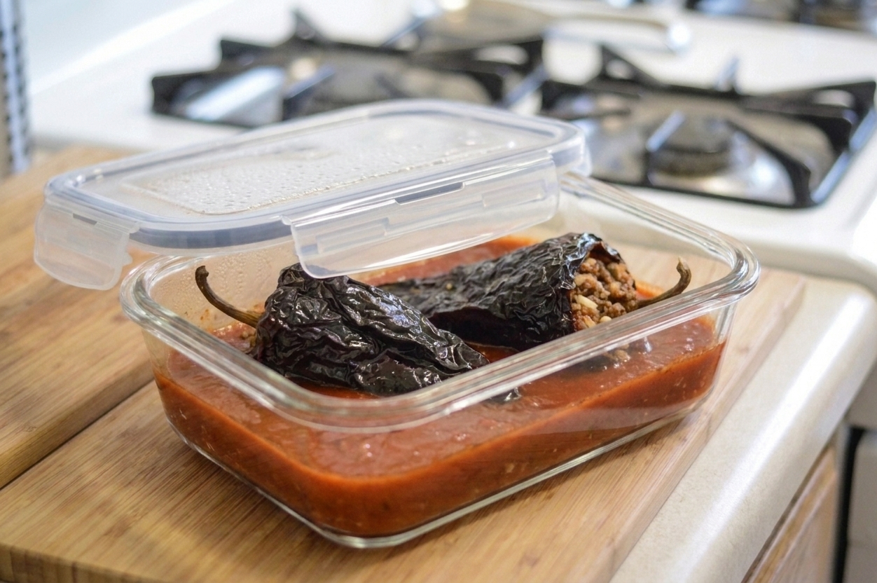 Two stuffed ancho chiles in a glass meal prep container with tomato sauce, covered with a lid on a kitchen counter