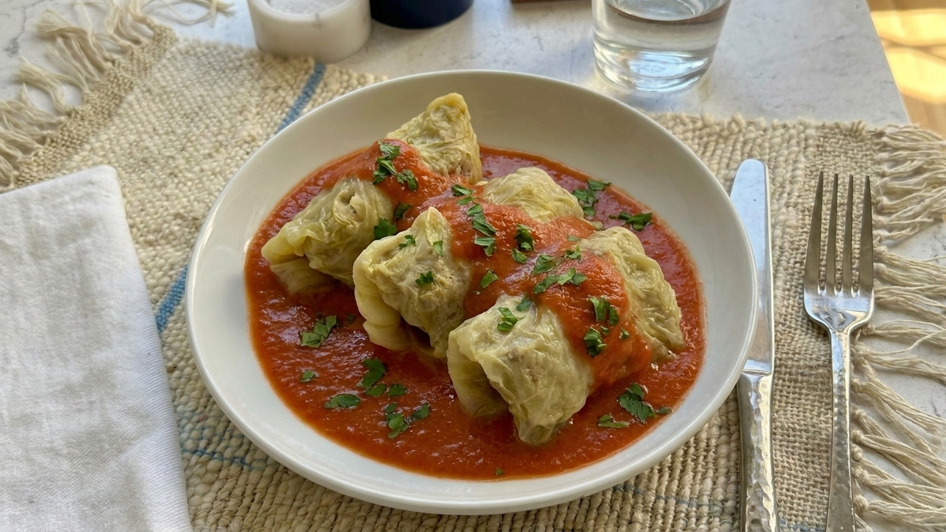 Two stuffed cabbage rolls plated with tomato sauce and chopped parsley, with a simple table setting in warm light