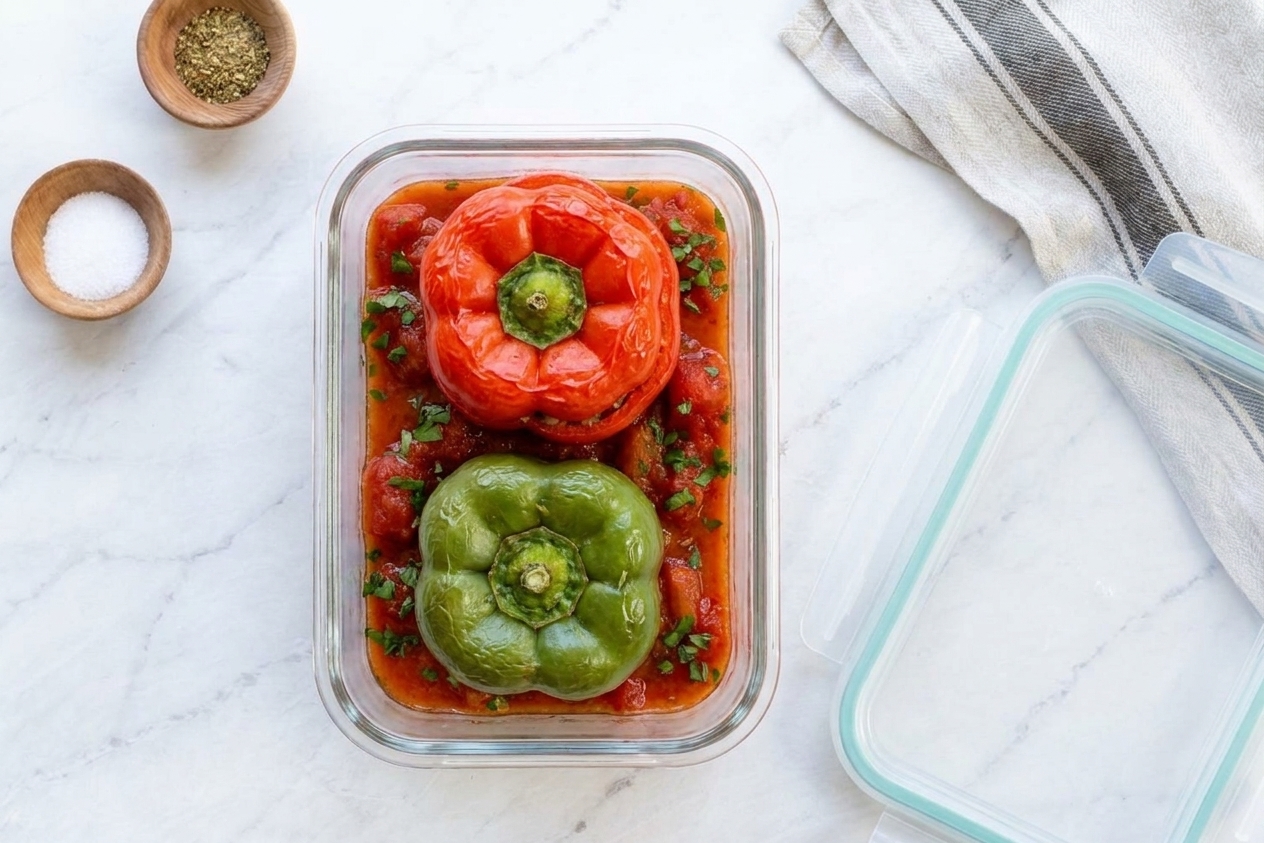 Two stuffed capsicums in a glass meal prep container with tomato sauce, lid set beside it on a kitchen counter