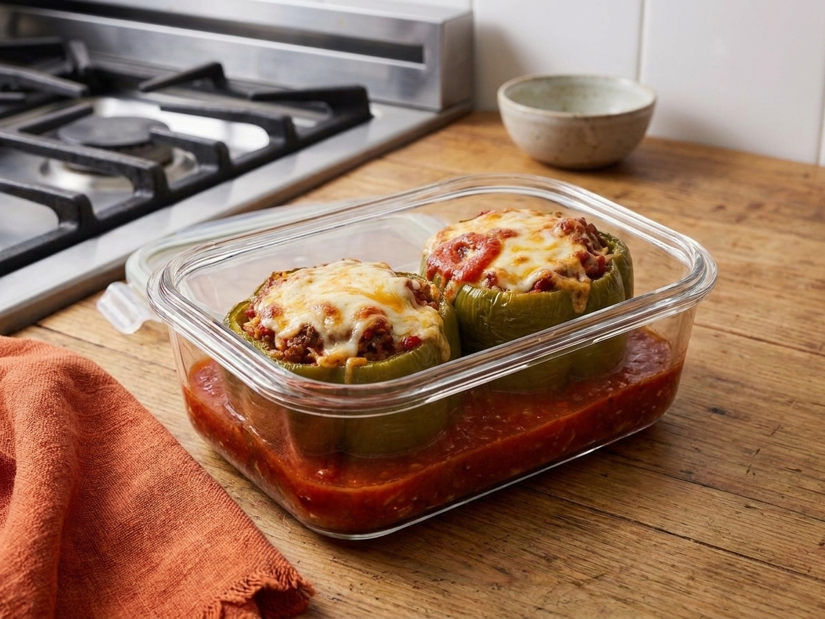 Two stuffed green peppers with tomato sauce stored in a clear airtight glass container on a kitchen counter
