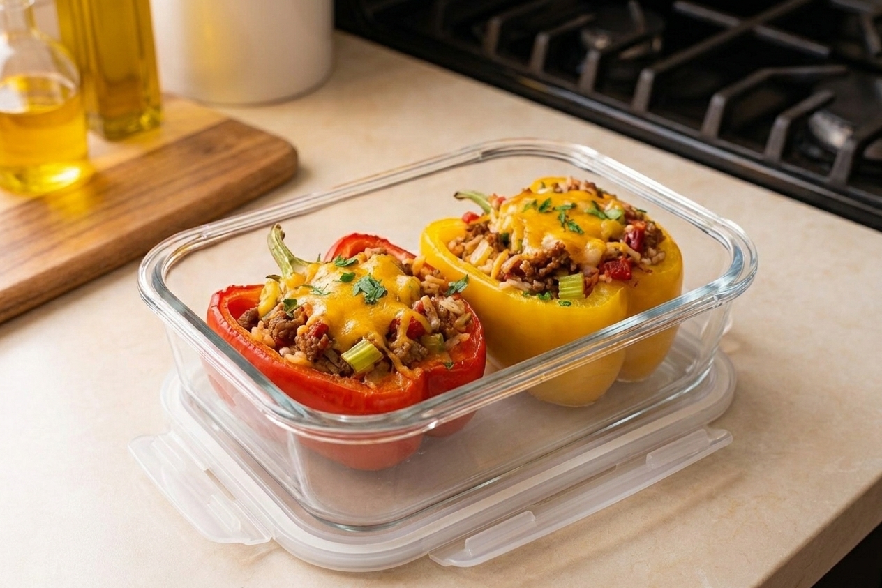 Two stuffed peppers with rice filling stored in a clear glass meal prep container with a snap-on lid on a kitchen counter
