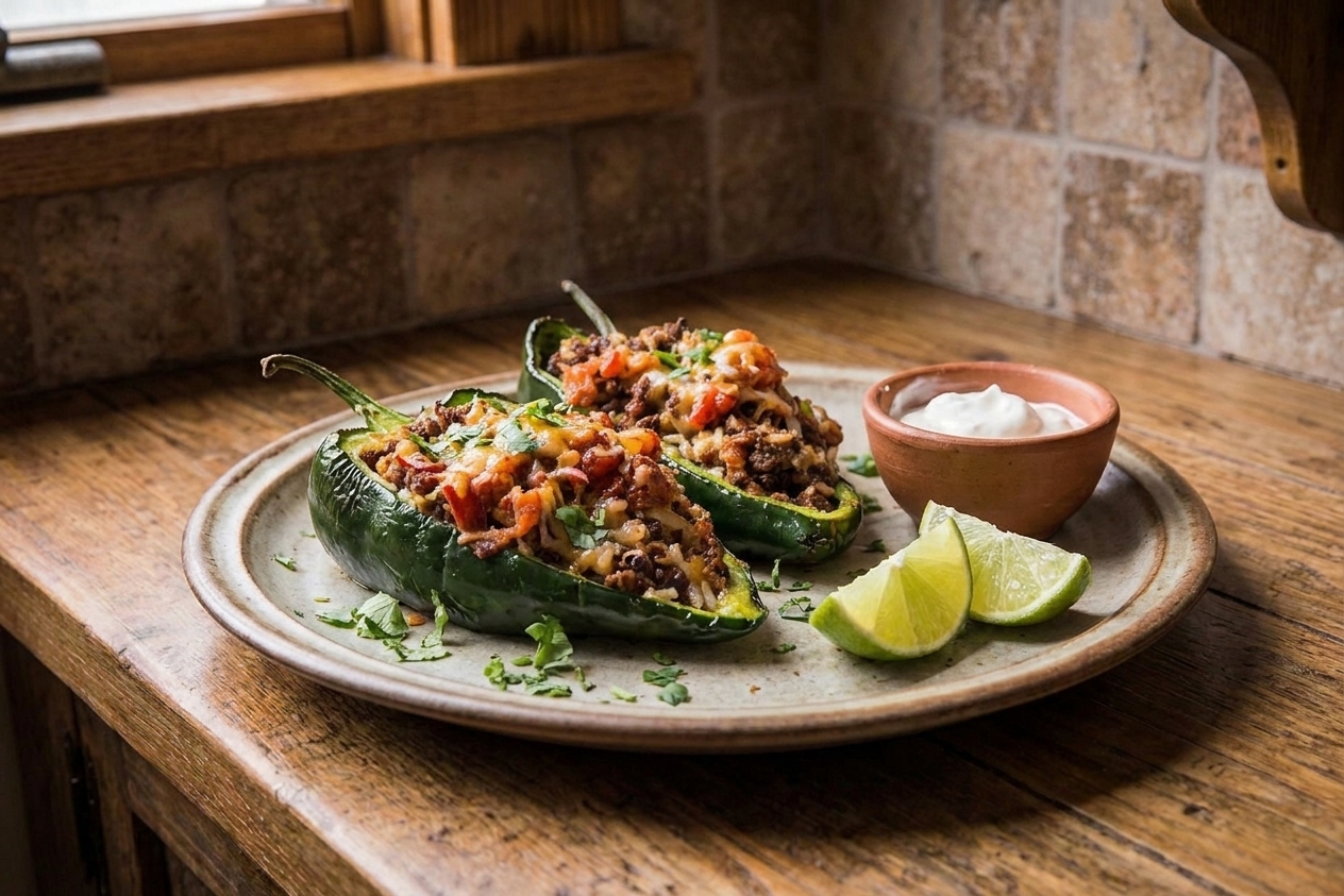 Two stuffed poblano pepper halves on a plate topped with cilantro, served with lime wedges and a small bowl of sour cream on a dinner table