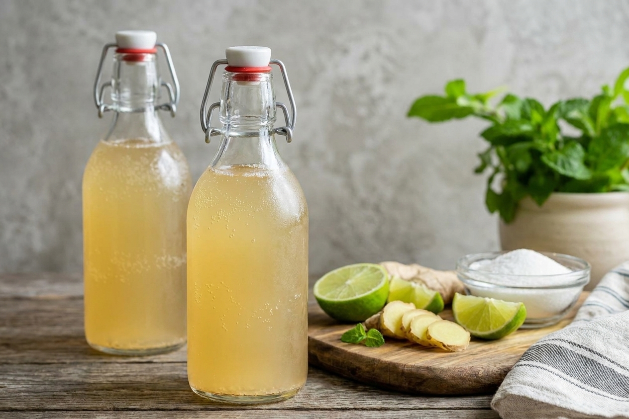 Two swing top glass bottles filled with pale golden ginger beer with bubbles rising, sitting on a kitchen counter near a cutting board