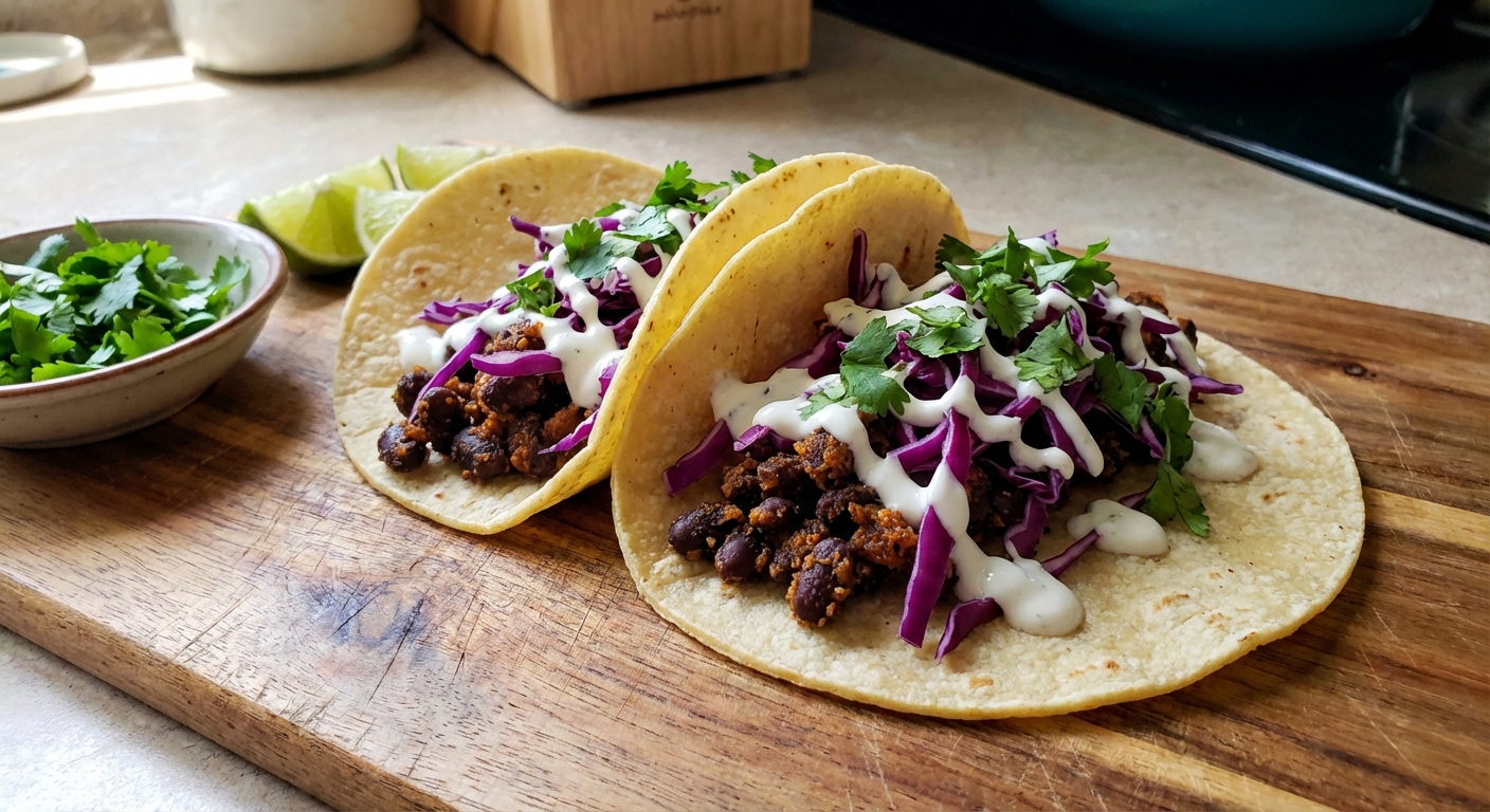 Two tacos filled with crispy black beans, shredded cabbage, lime crema drizzle, and cilantro on a wooden board