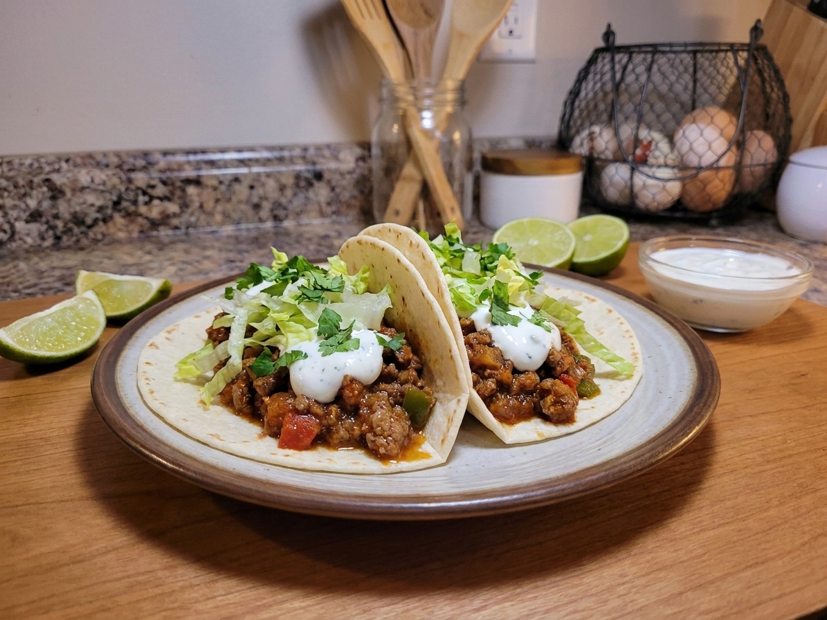 Two tacos filled with ground meat from the skillet, topped with lime crema, shredded lettuce, and cilantro on a simple dinner table