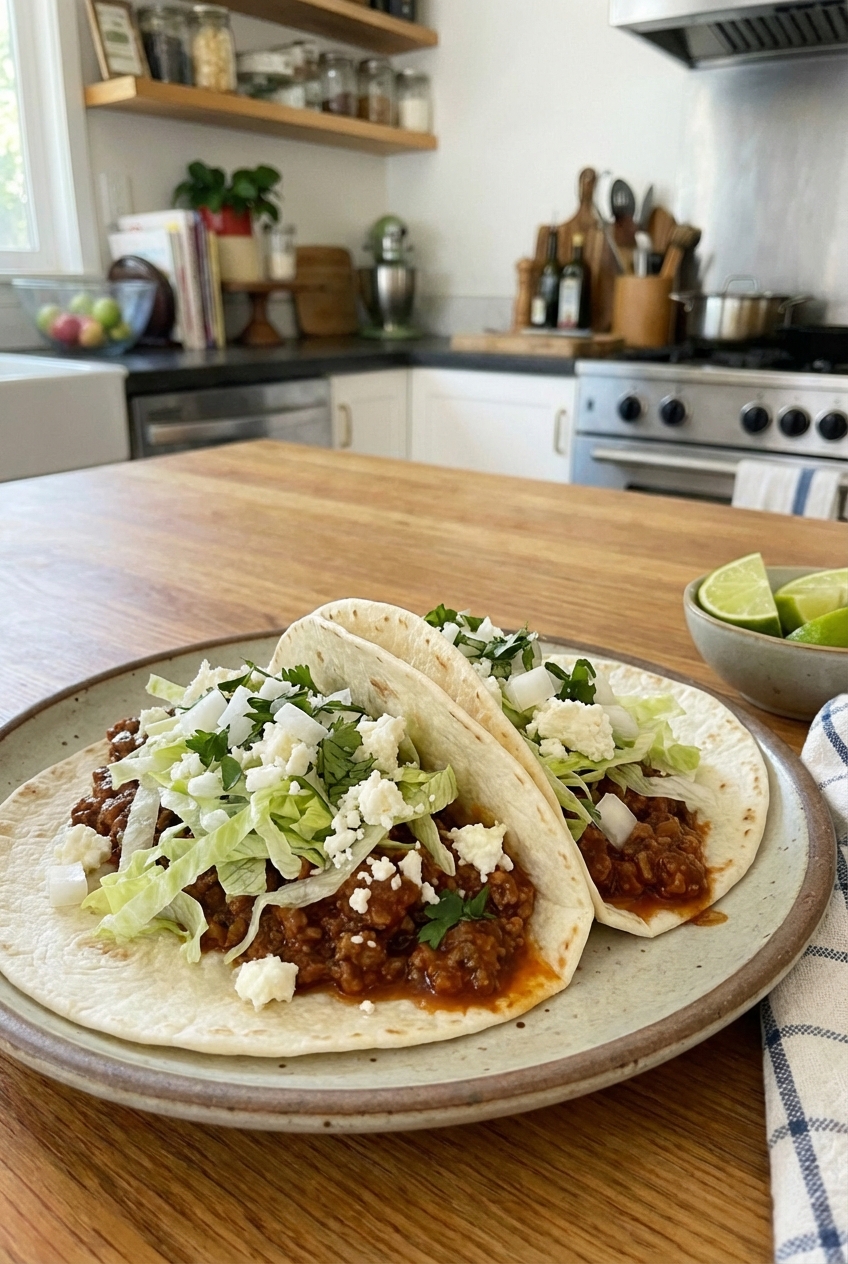 Two tacos on a plate filled with rich taco meat, shredded lettuce, and crumbled queso fresco