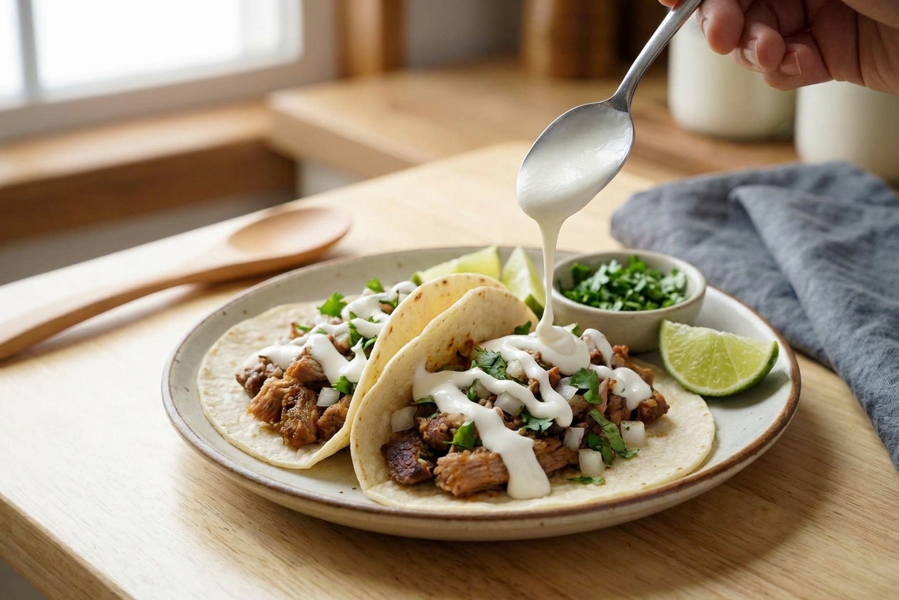 Two tacos on a plate with Mexican crema drizzled over the top, with chopped cilantro and lime wedges on the side