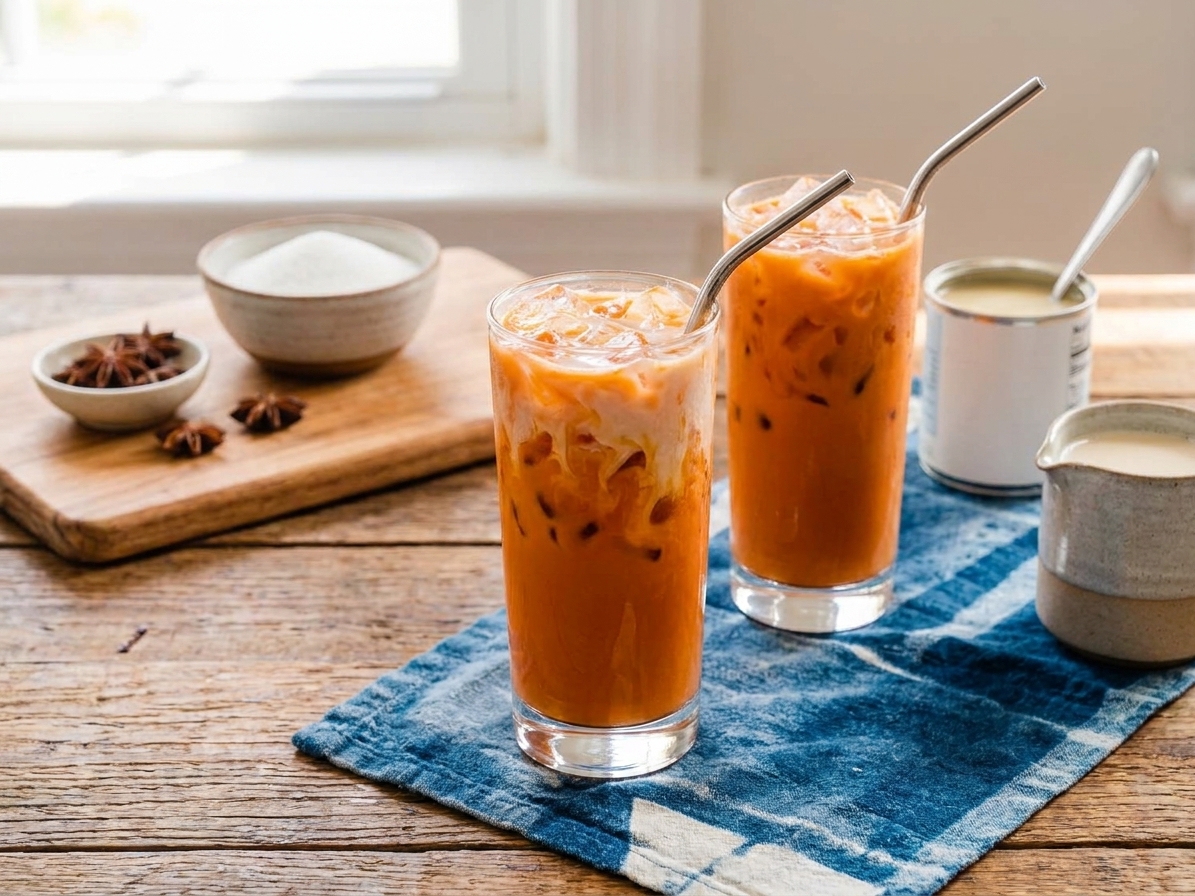 Two tall glasses of Thai iced tea with ice on a simple wooden table setting with napkins and straws in soft natural light