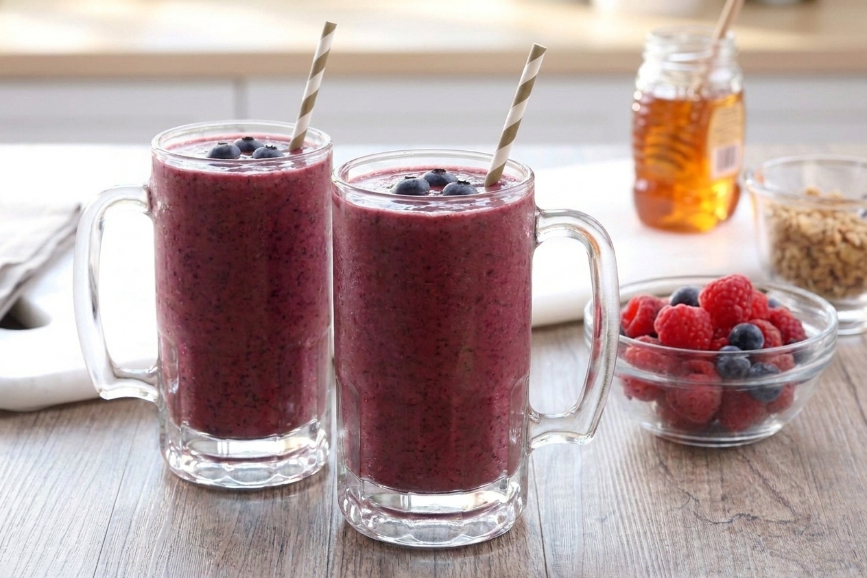 Two tall glasses of creamy berry fruit shake on a wooden table with paper straws and a small bowl of berries nearby
