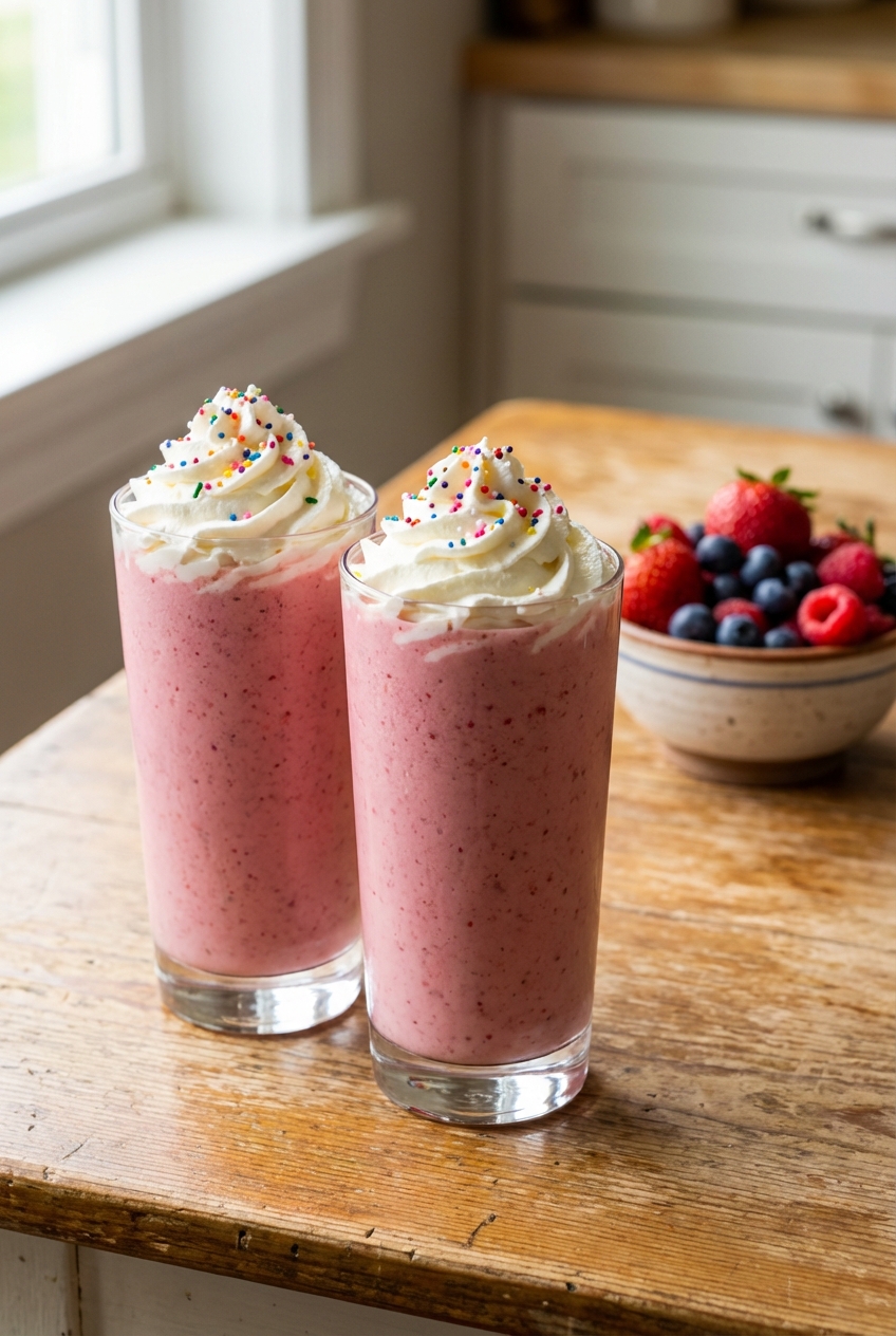 Two tall glasses of fruity milkshake on a table with whipped cream and sprinkles, with a small bowl of berries in the background