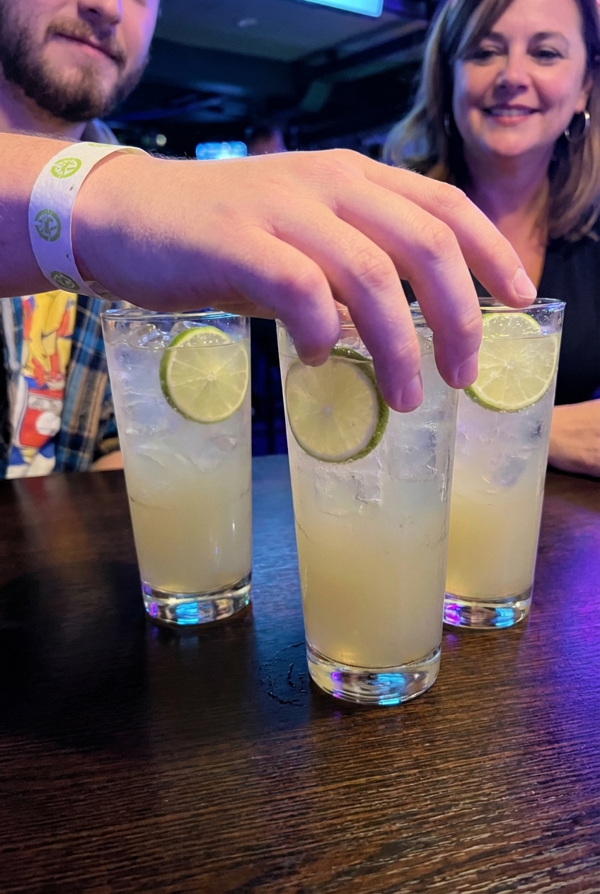 Two tall glasses of pale yellow citrus drink with ice and lime wheels being set on a table